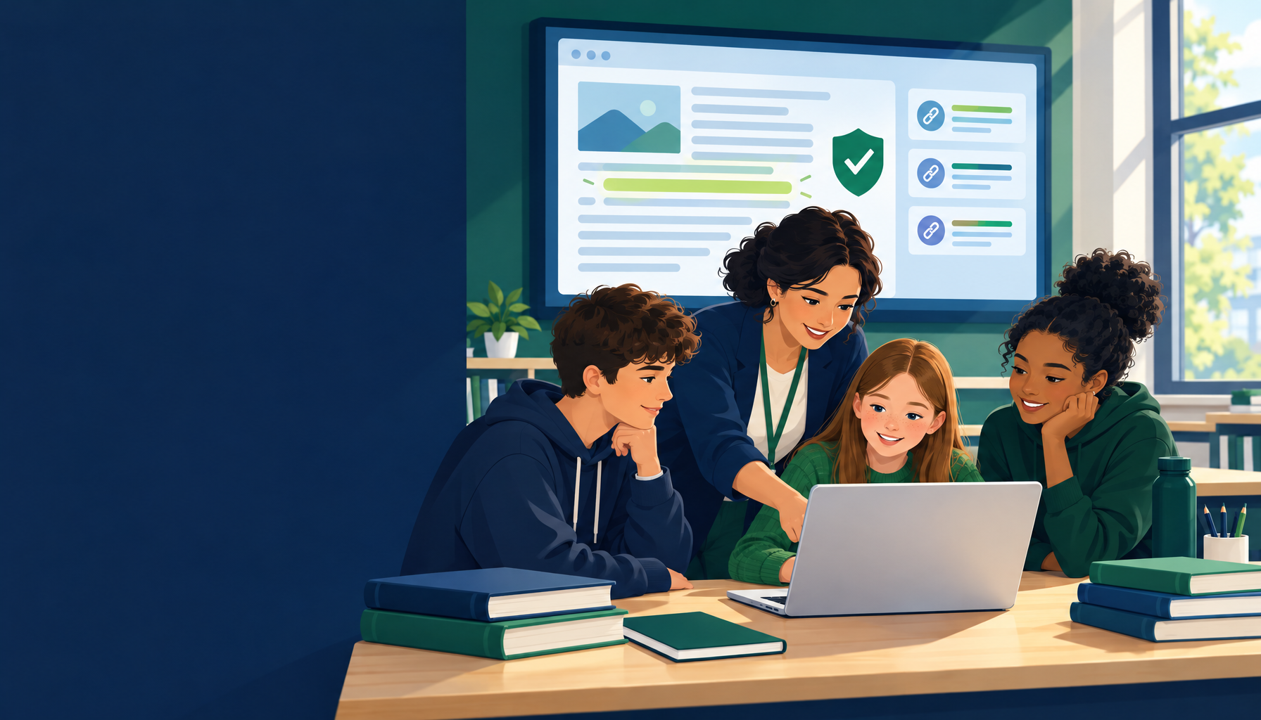 A teacher and three students gathered around a laptop, with a wall display behind them showing an article with one sentence highlighted, a green checkmark badge and a list of source links.